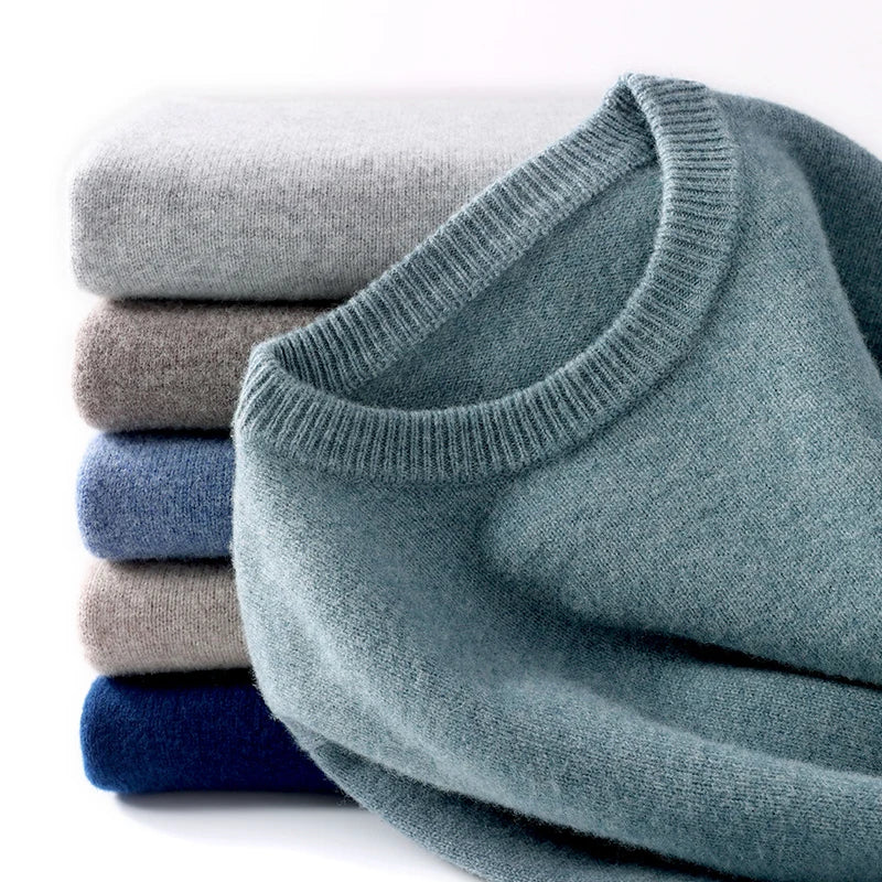 Autumn and Winter Men's 100% Pure Sheep O-Neck Sweater Casual Solid Color Knitted Long Sleeve Pullover Men's Wool Sweater New