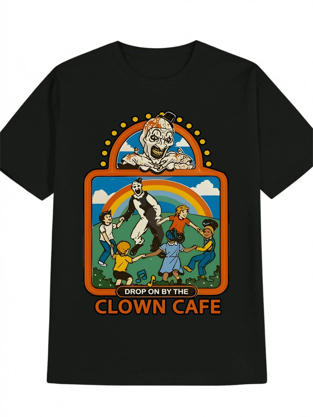 Mens Graphic Tee Unique Graphic TShirt Mens Casual Clown Cafe Drop On By Print Black Round Neck Summer Tee Machine Washable