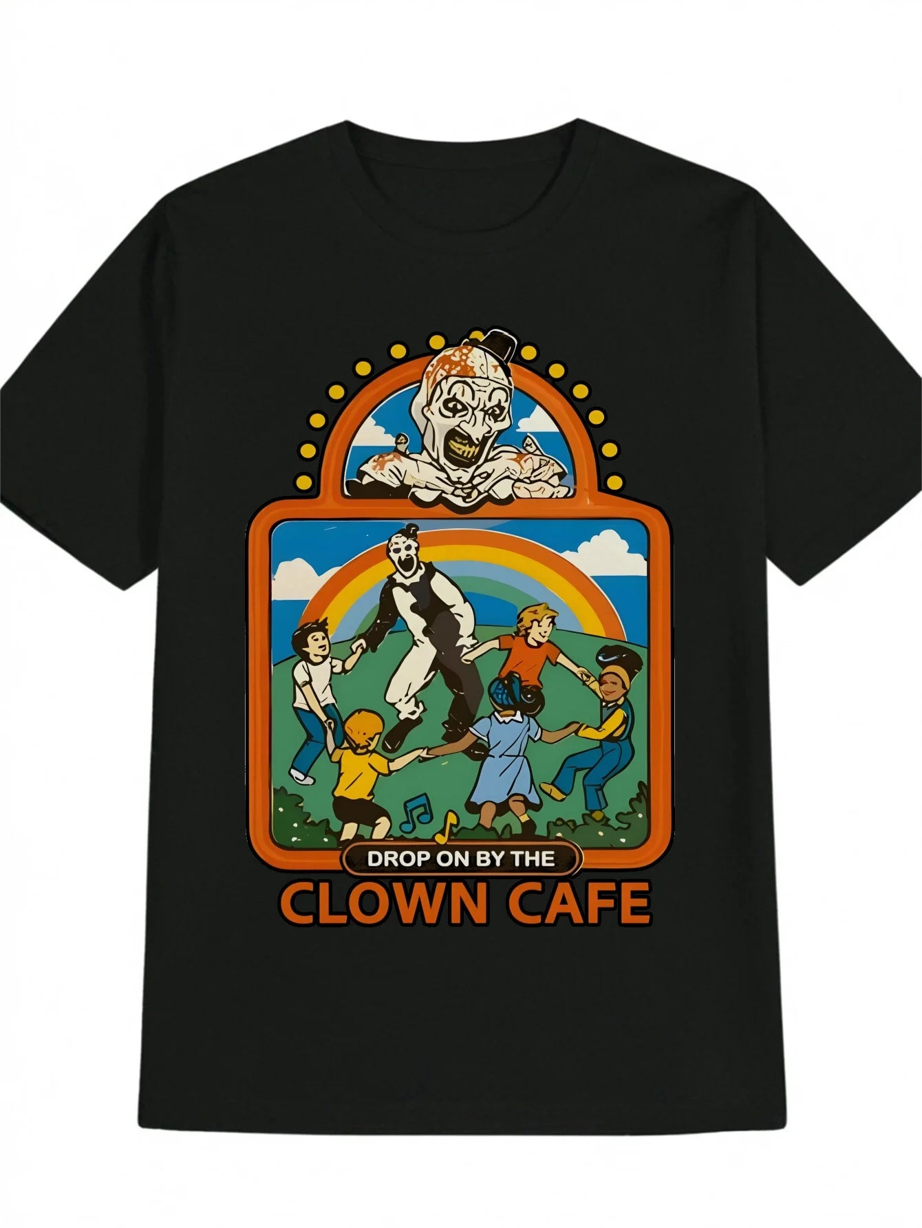 Mens Graphic Tee Unique Graphic TShirt Mens Casual Clown Cafe Drop On By Print Black Round Neck Summer Tee Machine Washable